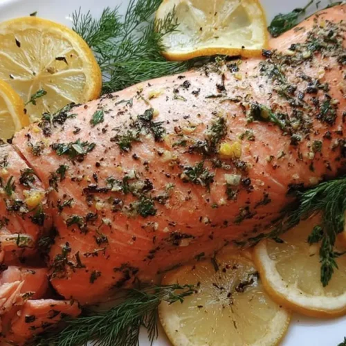 A classic oven baked salmon dinner presented on a plate with vegetables.