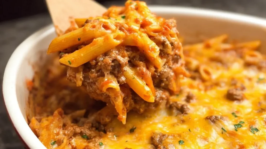 Closeup of a delicious, cheesy Lazy Night Ground Beef Casserole ready to serve.