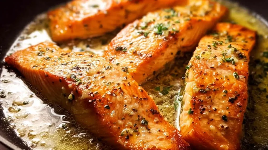 Delicious garlic butter salmon skillet, fresh from the stove, ready to serve.