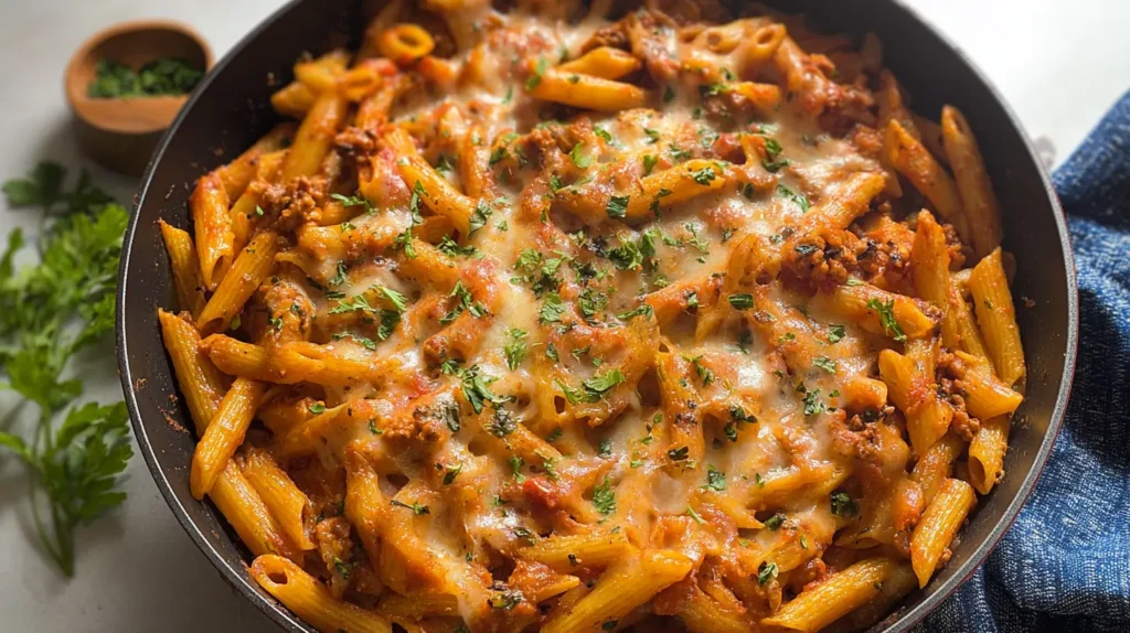 Hearty fast ground turkey pasta served in a white bowl