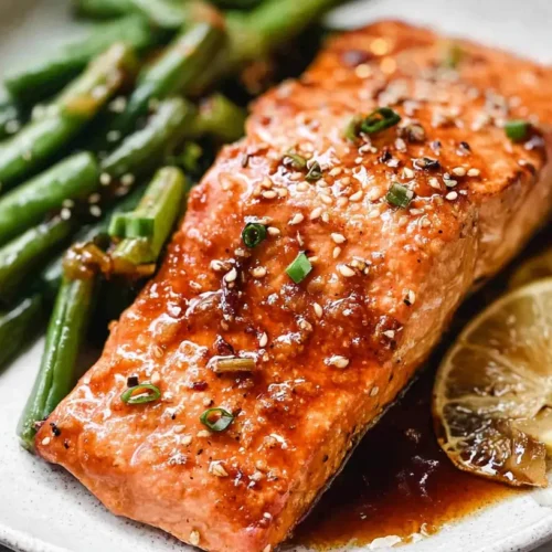 A plate featuring perfectly cooked easy honey garlic salmon with a glossy glaze