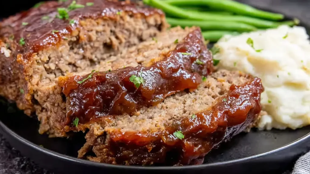 Closeup of a delicious, easy meatloaf for beginners, perfectly cooked.