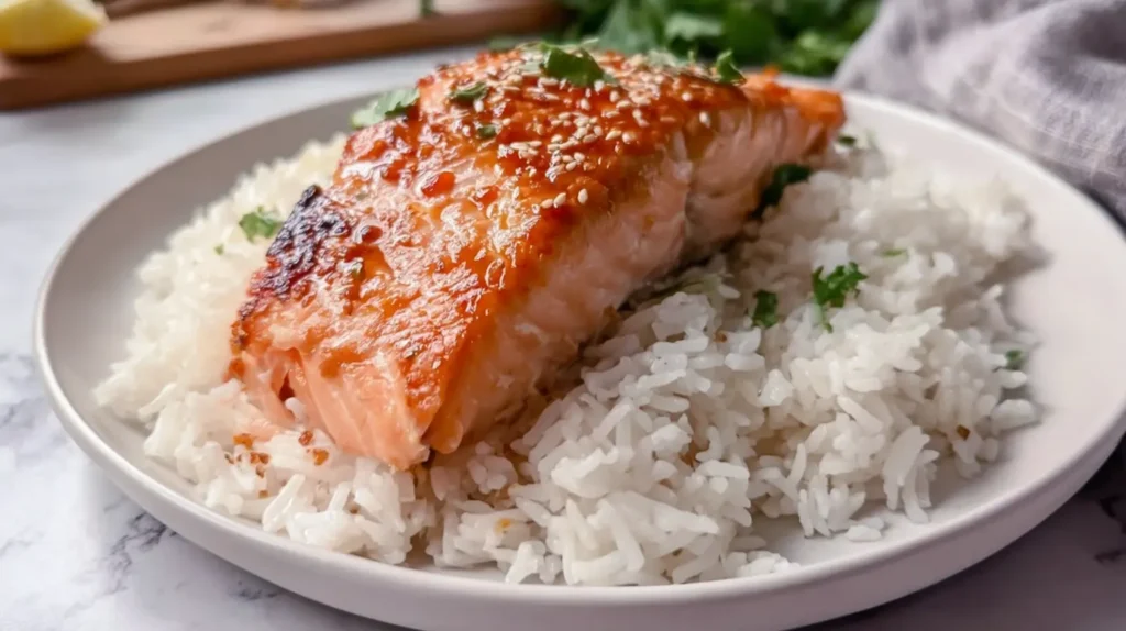 Baked salmon fillet alongside cooked white rice