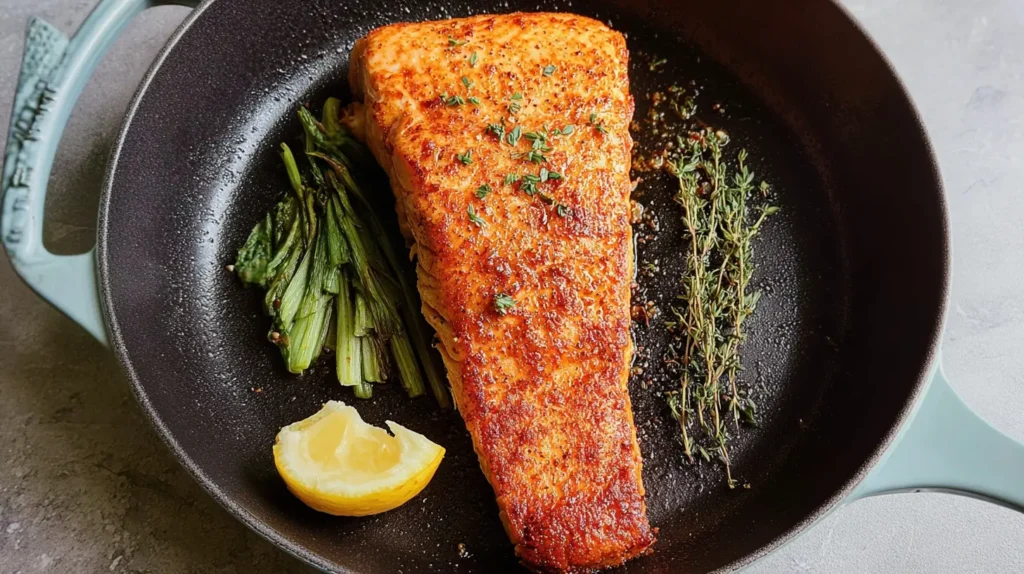 Delicious fast salmon skillet meal with seared salmon fillets and herbs.