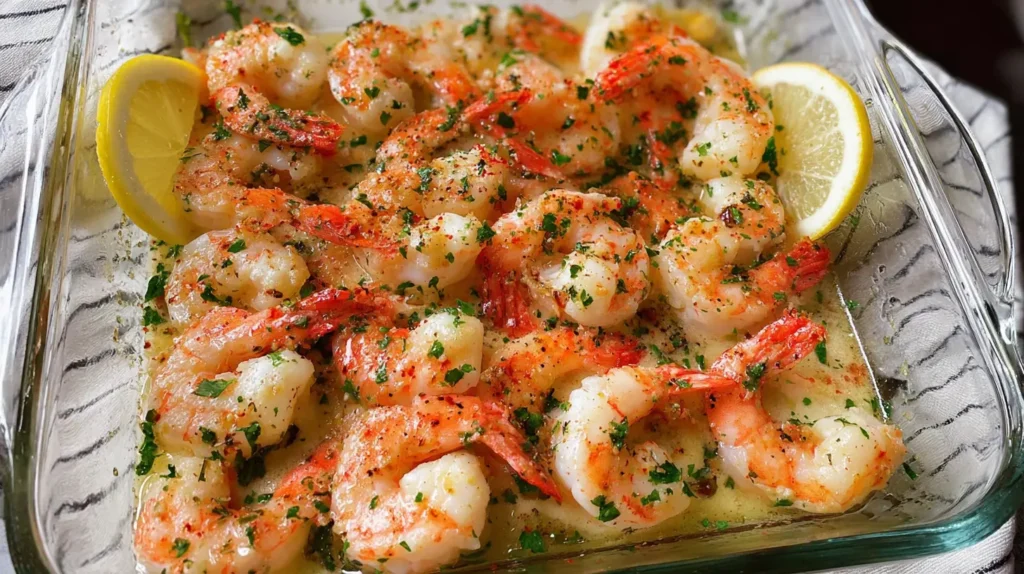 Closeup of a baked shrimp dish, ready to eat.
