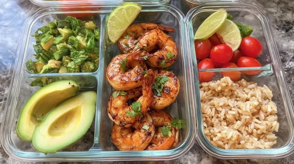Prepared healthy shrimp meal for weekly lunches