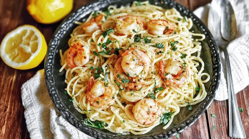 A simple quick shrimp pasta dish, ready to be served.