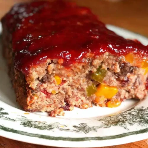 A baked easy weeknight meatloaf with a glaze, ready to be served.
