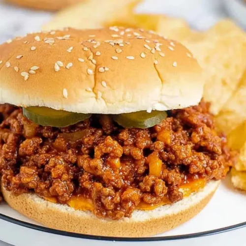 A plate of fast ground beef sloppy joes on buns, ready to eat