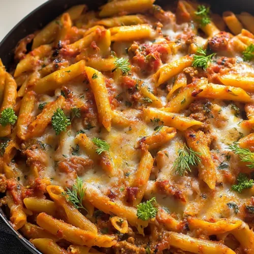 A bowl of fast ground turkey pasta garnished with fresh herbs