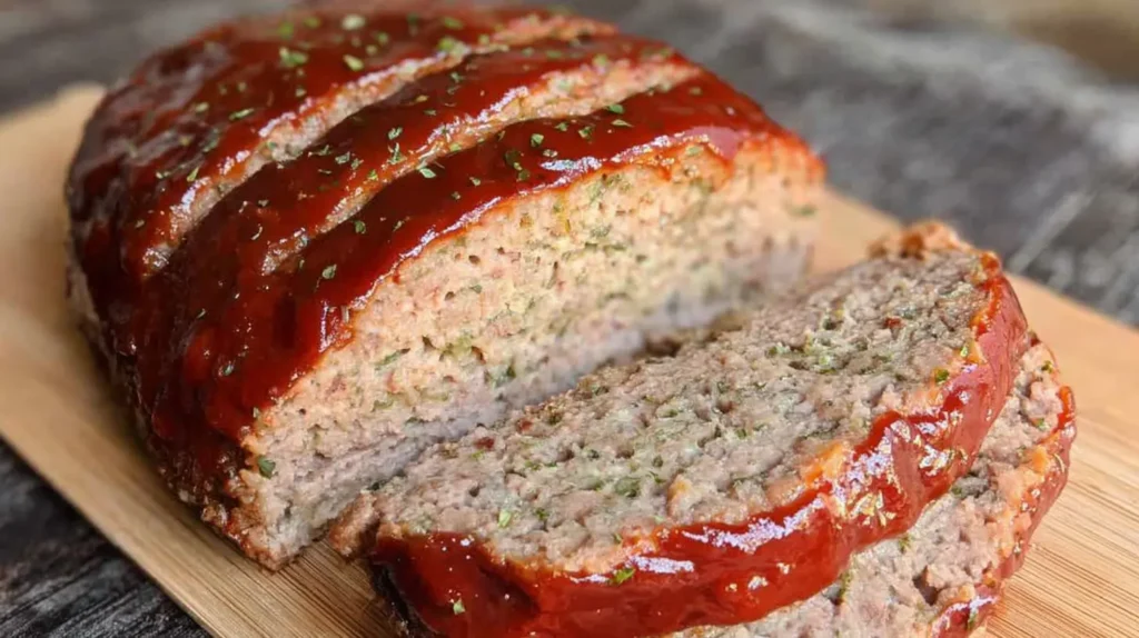 Delicious lightened-up classic meatloaf cooling on a wire rack after baking.