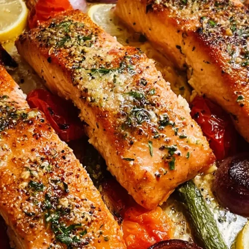A plate of healthy baked salmon with colorful roasted vegetables