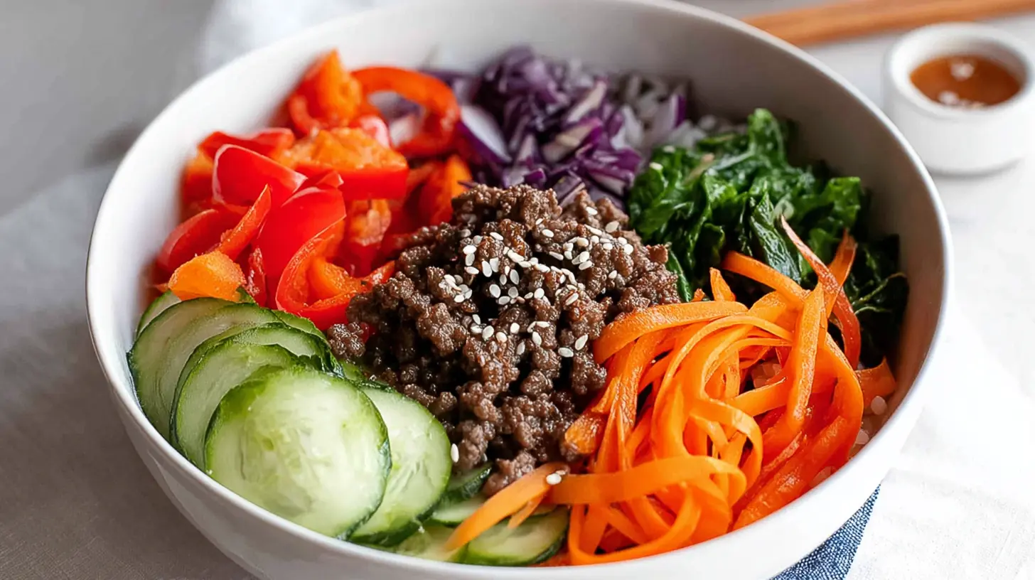 Healthy ground beef and vegetable bowls artfully arranged