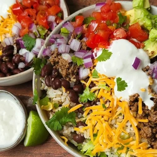 A vibrant and healthy ground beef taco bowl with fresh toppings.