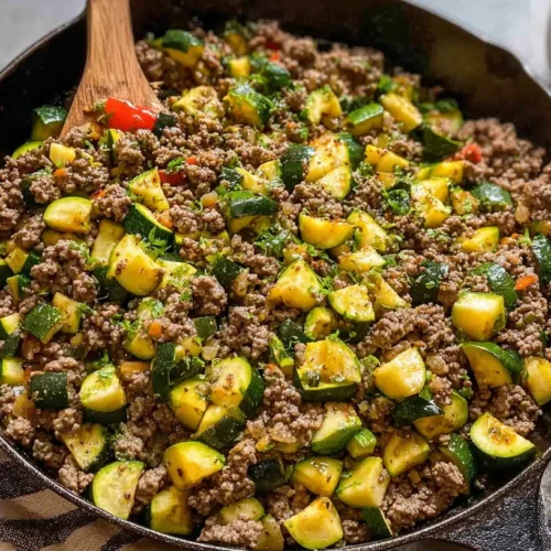 A healthy ground beef and zucchini skillet cooked with colorful vegetables.