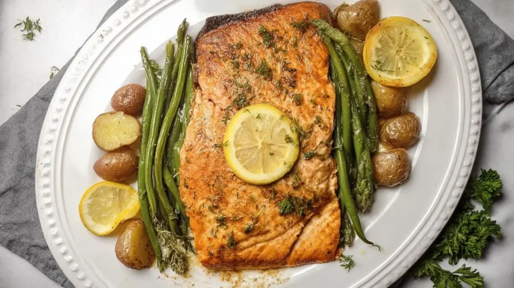 Pan-seared lemon salmon for a healthy, clean eating dinner.