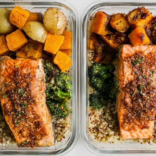 A healthy salmon meal prep with roasted vegetables and rice in a container.