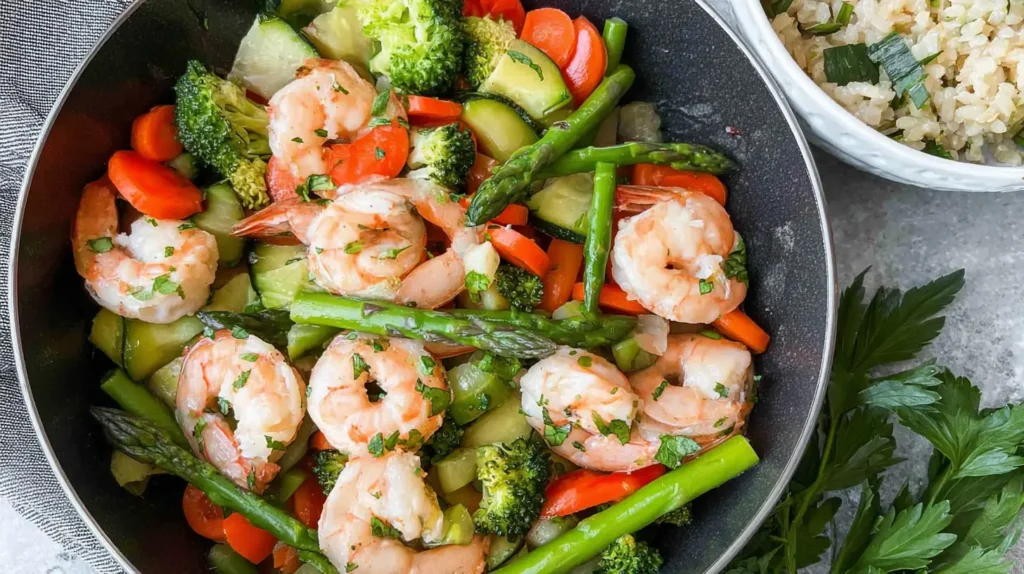 Succulent shrimp served alongside a colorful array of steamed vegetables.