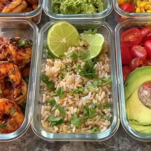 A healthy shrimp meal prep container with rice and vegetables