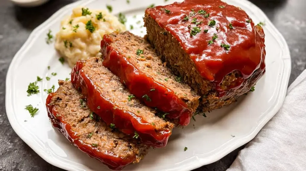 Plated classic meatloaf portion with sides