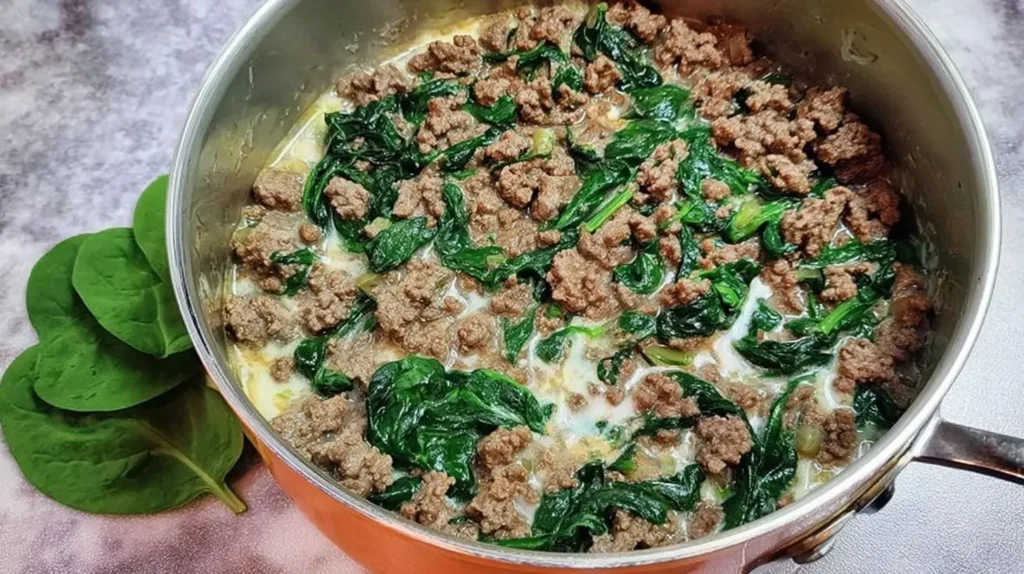 Hearty ground beef mixed with wilted spinach, ready to serve.