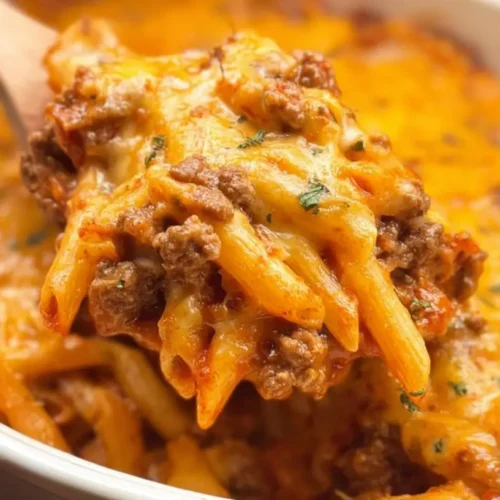 A hearty Lazy Night Ground Beef Casserole fresh from the oven, bubbling and browned.