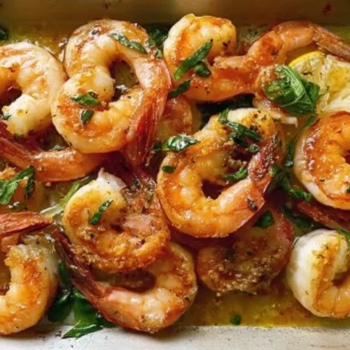 A prepared Lazy Night Shrimp Dinner, ready to eat