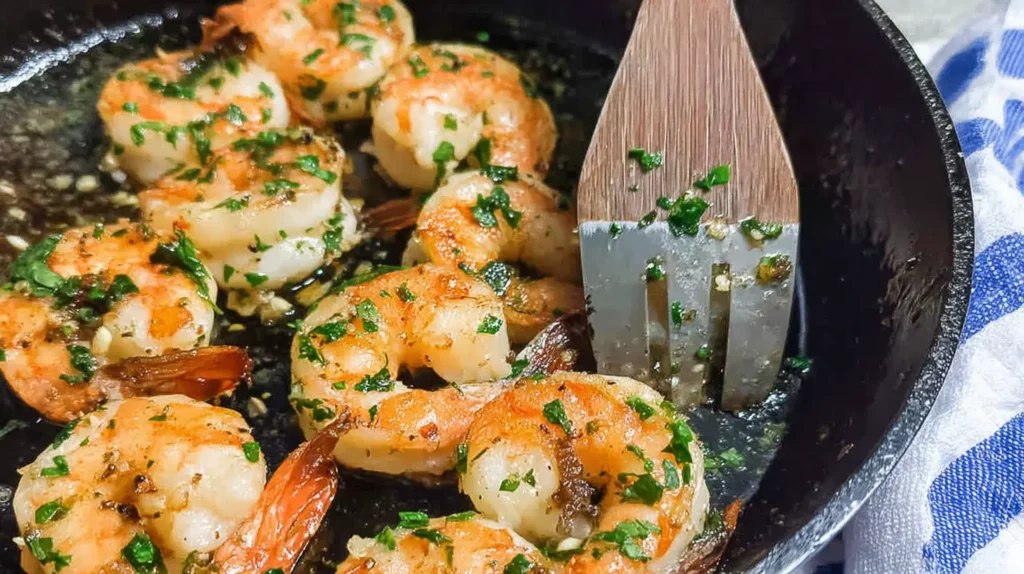 Delicious skillet shrimp dish garnished with bright lemon wedges.