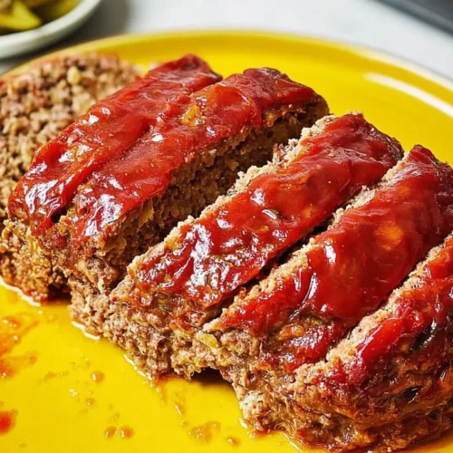 A freshly baked lighter comfort meatloaf, perfectly sliced.