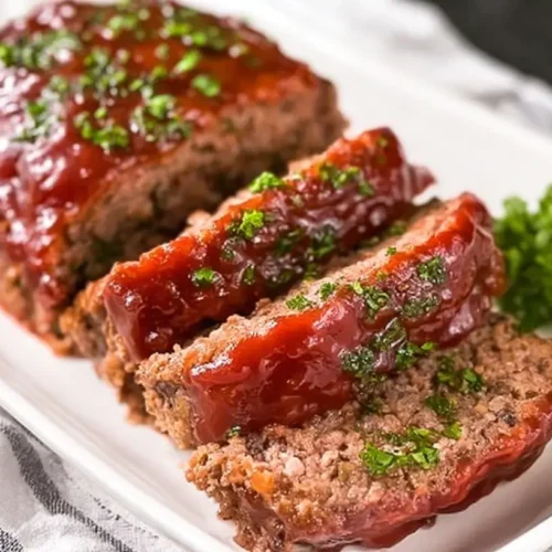 A freshly baked one-bowl easy meatloaf, still warm from the oven.