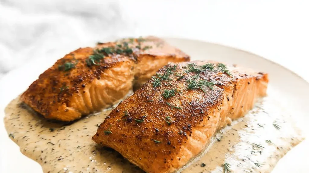 Quick baked salmon dinner arranged on a plate with healthy sides