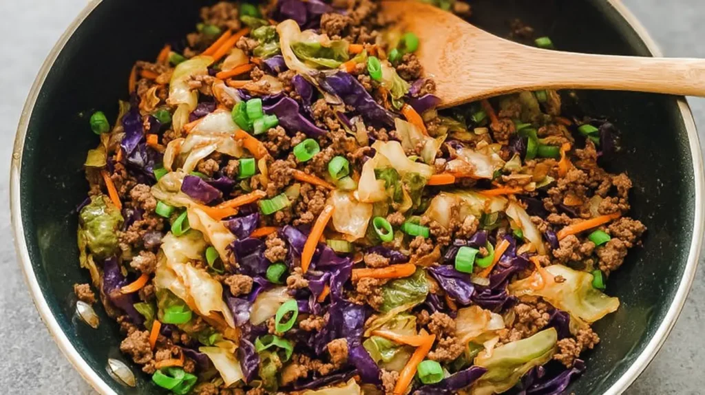 Ground beef and shredded cabbage cooked in a healthy Asian-style stir fry.
