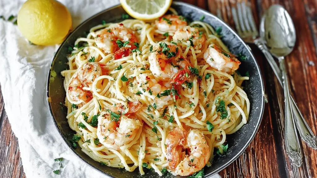 Delicious quick shrimp pasta served in a white bowl with a fork.