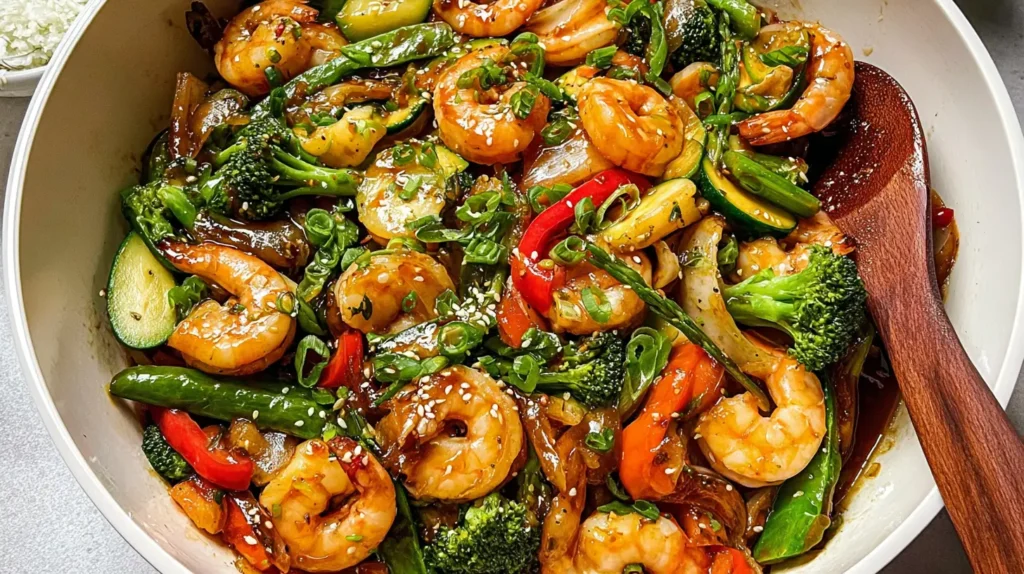 Closeup of a quick shrimp stir fry featuring succulent shrimp and vibrant veggies.