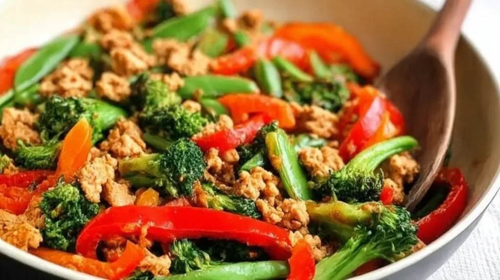 Ground turkey stir-fry, quick and simple, served in a bowl with rice