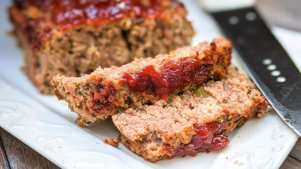 Warm, savory Grandma’s meatloaf with a rich, brown glaze on a dinner plate.