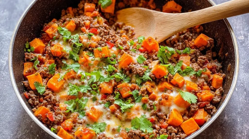 Delicious ground beef and sweet potato skillet dish in a cast iron pan.