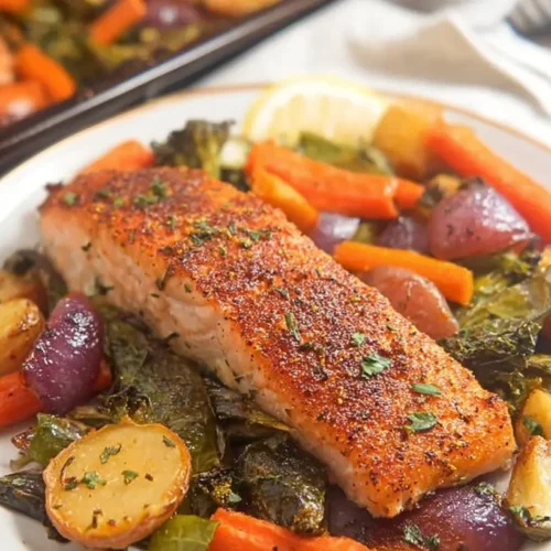 A colorful sheet pan baked salmon dinner featuring salmon fillets and roasted vegetables