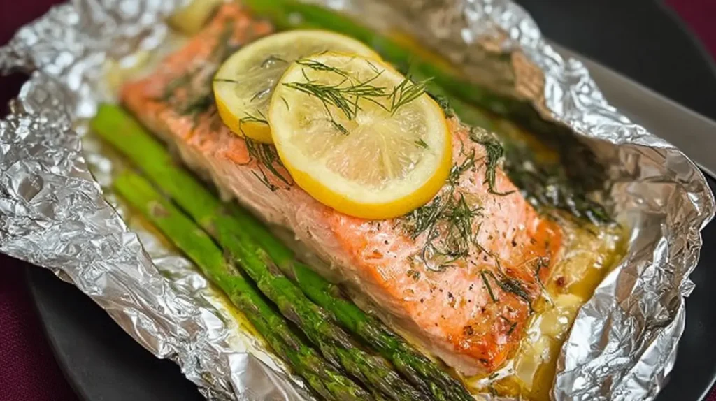 Delicious salmon fillets prepared in an easy foil baked method.