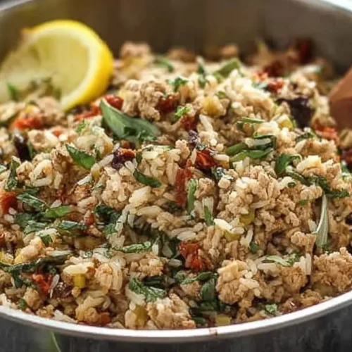 A simple ground turkey rice skillet cooked in a single pan for an easy meal.