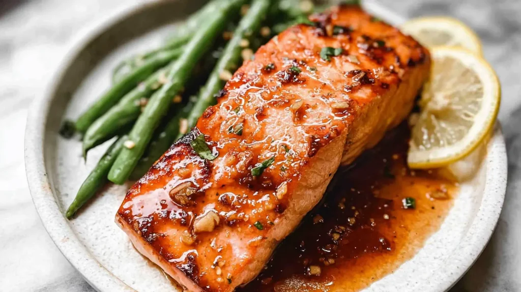 Close-up of a pan-seared easy honey garlic salmon fillet, garnished and ready to serve