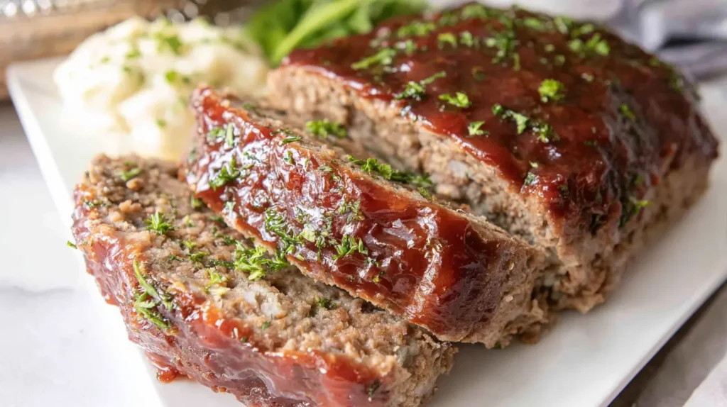 Deliciously prepared easy homestyle meatloaf, ready to serve.