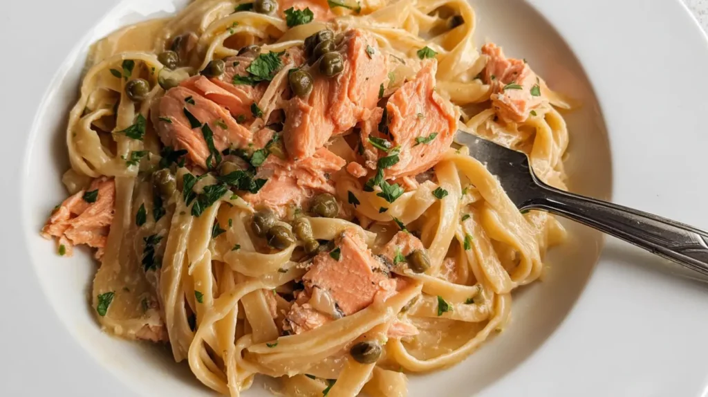 Delicious and simple salmon pasta dinner prepared for a quick meal.
