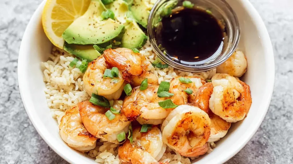 Deliciously prepared easy shrimp and rice bowl with colorful ingredients