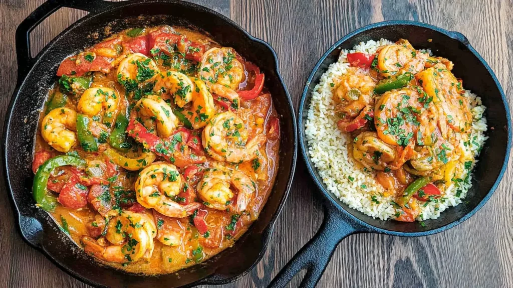 Plate showcasing a simple shrimp comfort meal with fresh herbs