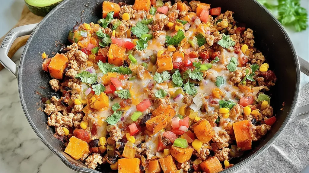 Delicious simple ground turkey skillet in a pan