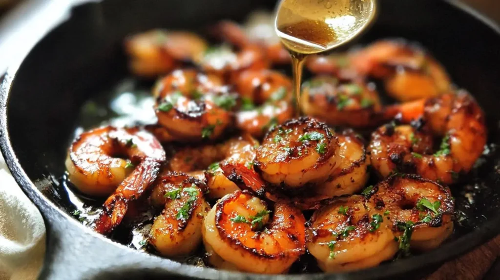 Delicious shrimp sizzling in a rugged cast iron skillet.