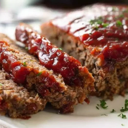 A freshly baked traditional meatloaf with a sweet glaze, ready to serve.