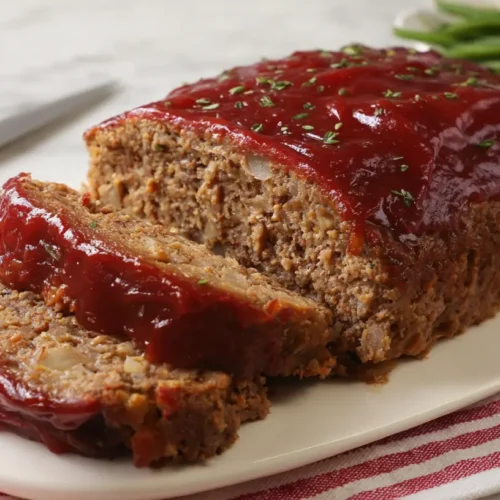 A prepared vintage meatloaf recipe in a baking pan on a wooden surface.
