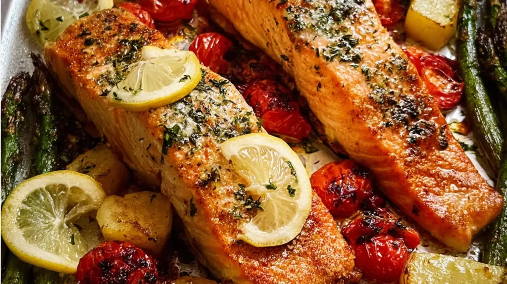 Deliciously prepared baked salmon alongside an assortment of fresh vegetables